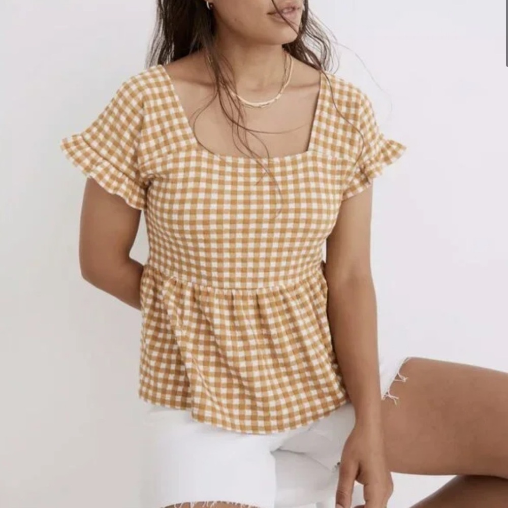 Madewell Mustard Gingham Short Sleeve Top